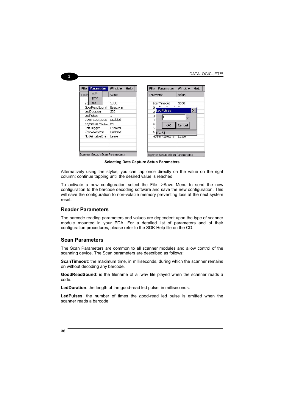 Reader parameters, Scan parameters | Datalogic Scanning Jet User Manual | Page 52 / 106