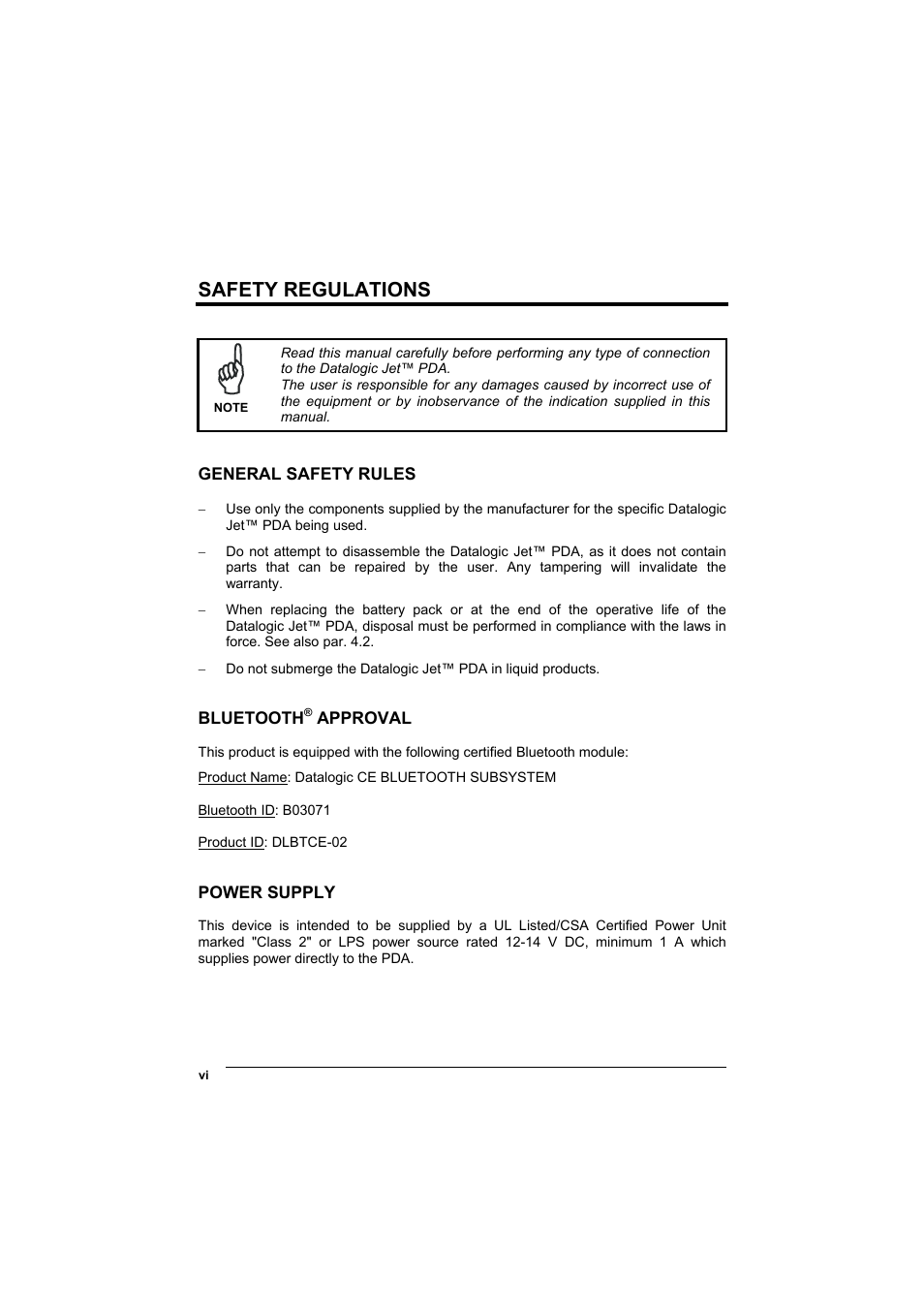 Safety regulations, General safety rules, Bluetooth® approval | Power supply, Bluetooth | Datalogic Scanning Jet User Manual | Page 6 / 106