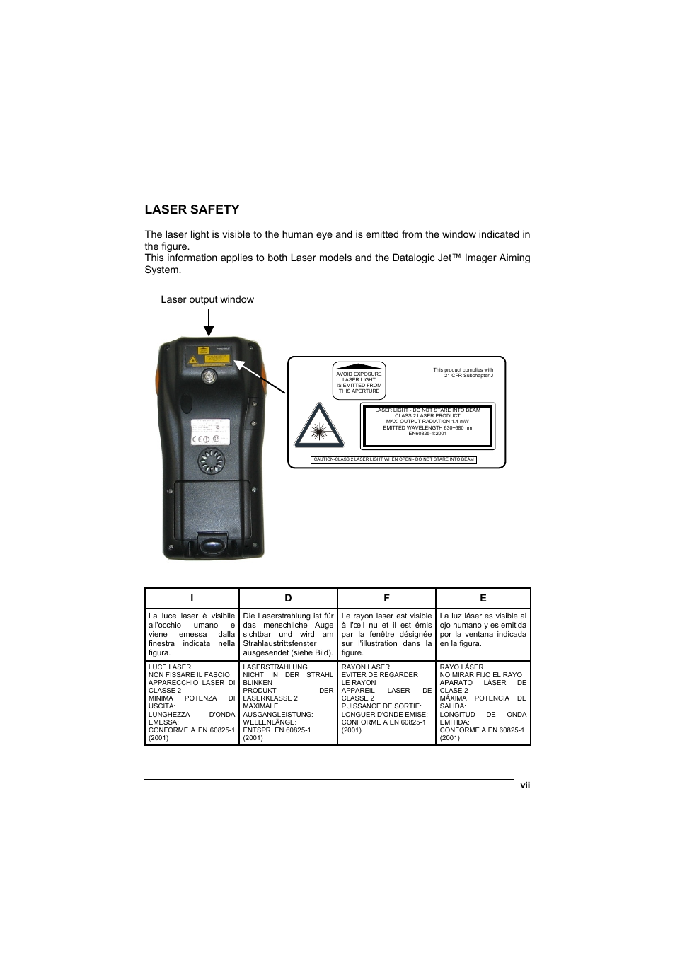 Laser safety, Laser output window, I d f e | Datalogic Scanning Jet User Manual | Page 7 / 106