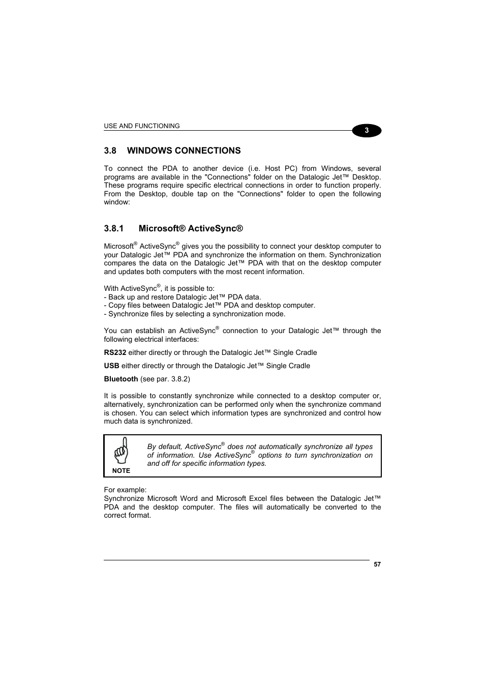 Windows connections, Microsoft® activesync, 8 windows connections | 1 microsoft® activesync | Datalogic Scanning Jet User Manual | Page 73 / 106