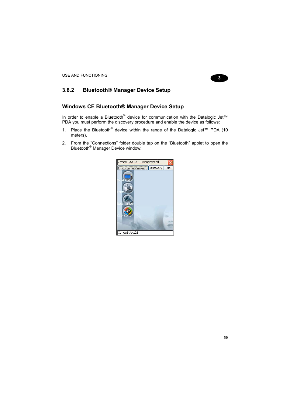 Bluetooth® manager device setup, 2 bluetooth® manager device setup, Windows ce bluetooth® manager device setup | Datalogic Scanning Jet User Manual | Page 75 / 106