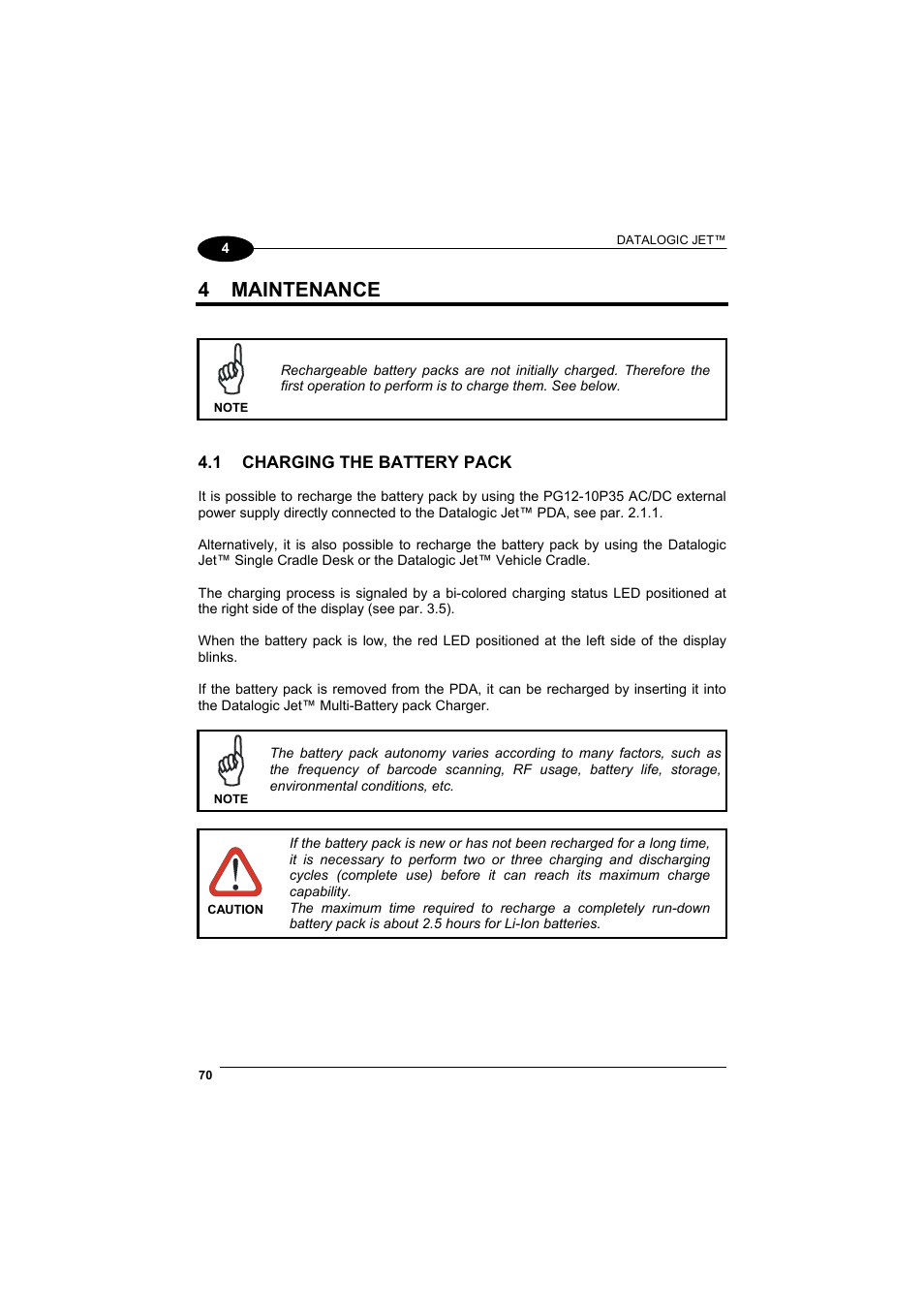 Maintenance, Charging the battery pack, 4 maintenance | Datalogic Scanning Jet User Manual | Page 86 / 106
