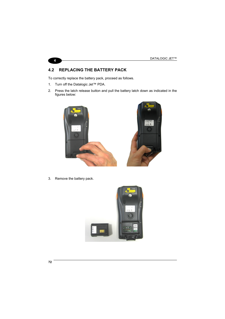 Replacing the battery pack | Datalogic Scanning Jet User Manual | Page 88 / 106