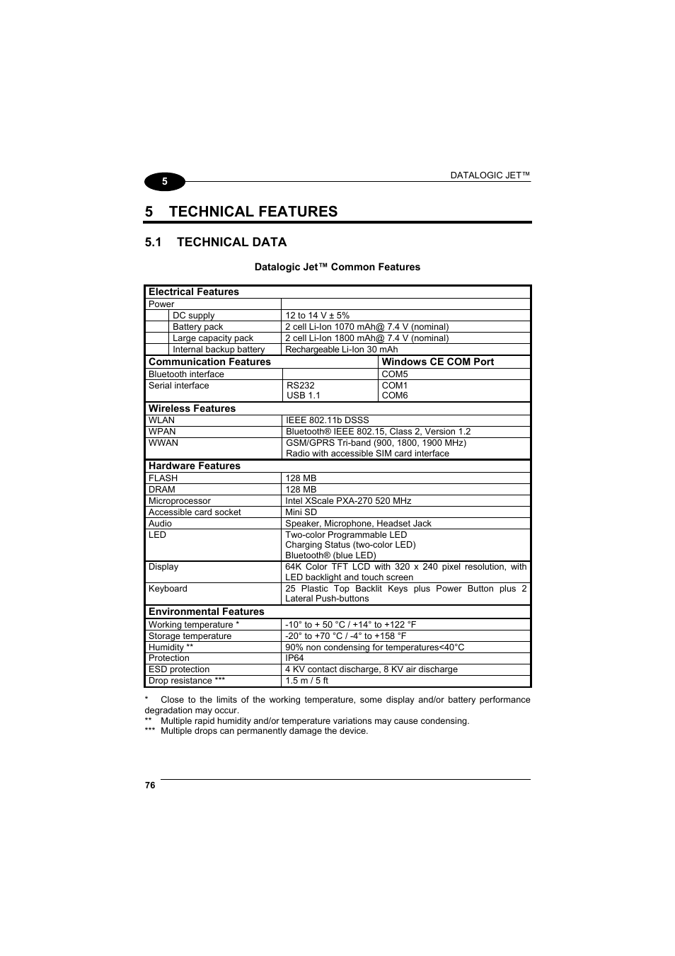 Technical features, Technical data, 5 technical features | 1 technical data | Datalogic Scanning Jet User Manual | Page 92 / 106