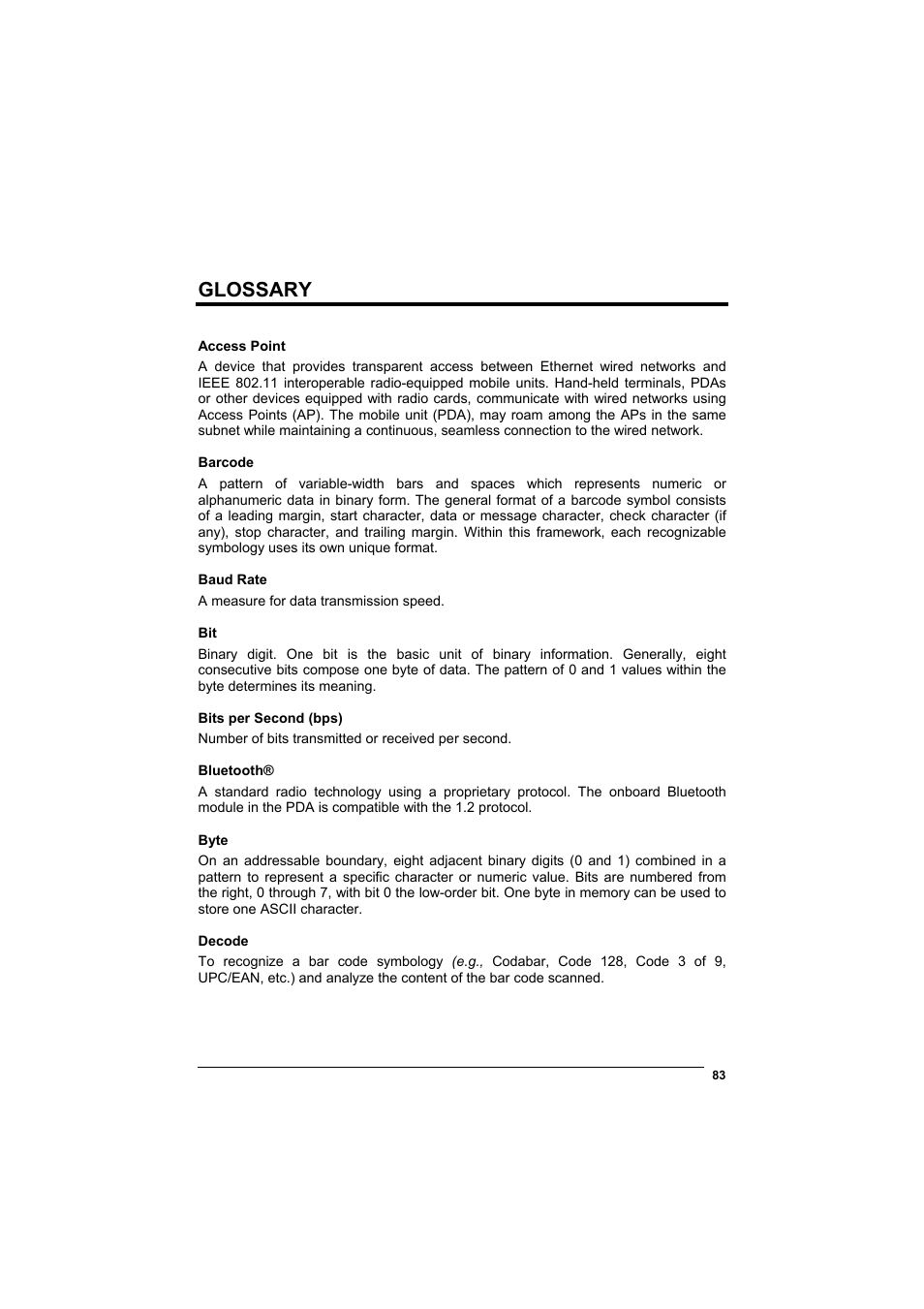 Glossary | Datalogic Scanning Jet User Manual | Page 99 / 106