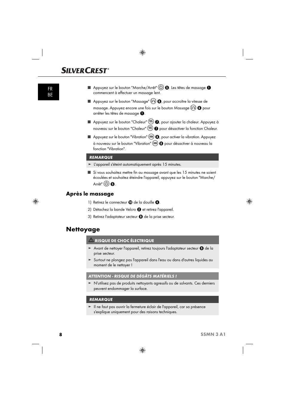 Nettoyage, Après le massage, Fr be | Silvercrest SSMN 3 A1 User Manual | Page 10 / 48