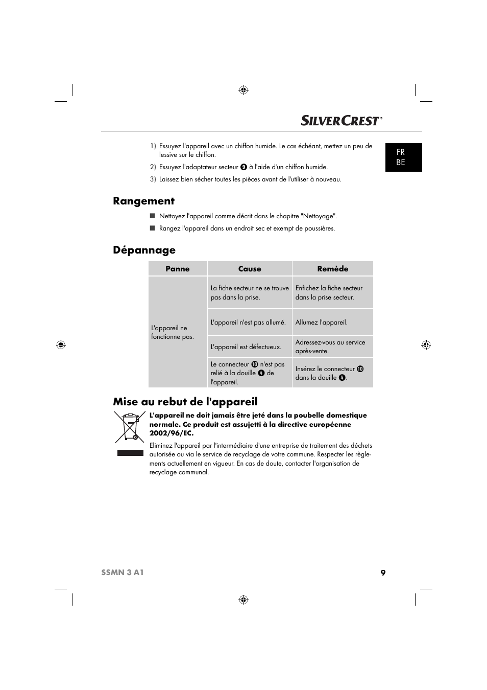 Rangement, Dépannage, Mise au rebut de l'appareil | Fr be | Silvercrest SSMN 3 A1 User Manual | Page 11 / 48