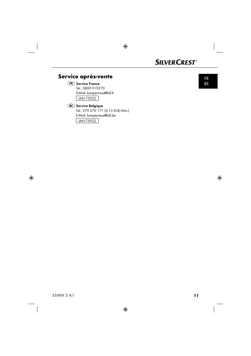 Service après-vente, Fr be | Silvercrest SSMN 3 A1 User Manual | Page 13 / 48