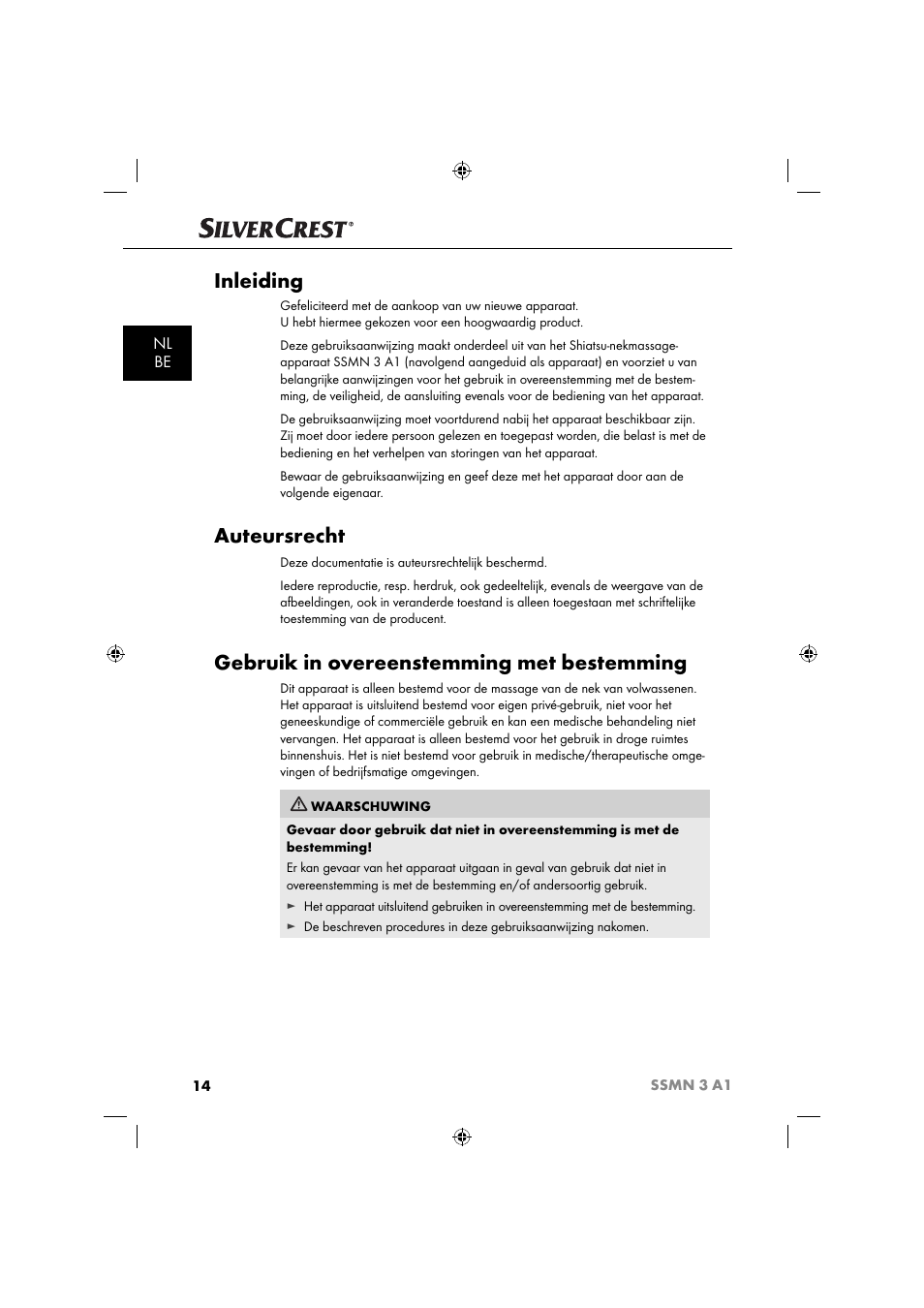 Inleiding, Auteursrecht, Gebruik in overeenstemming met bestemming | Nl be | Silvercrest SSMN 3 A1 User Manual | Page 16 / 48