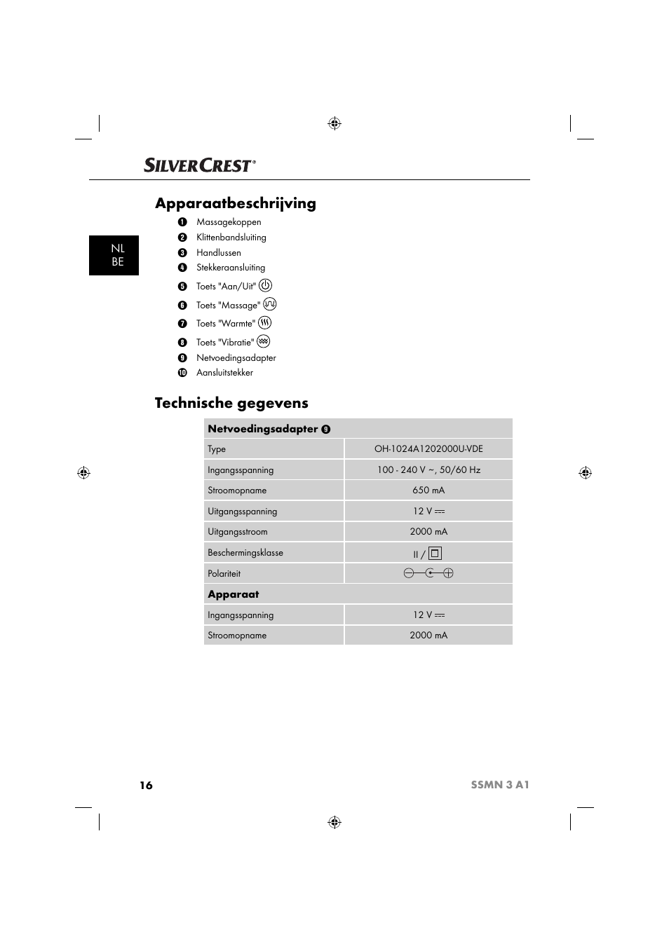 Apparaatbeschrijving, Technische gegevens, Nl be | Silvercrest SSMN 3 A1 User Manual | Page 18 / 48