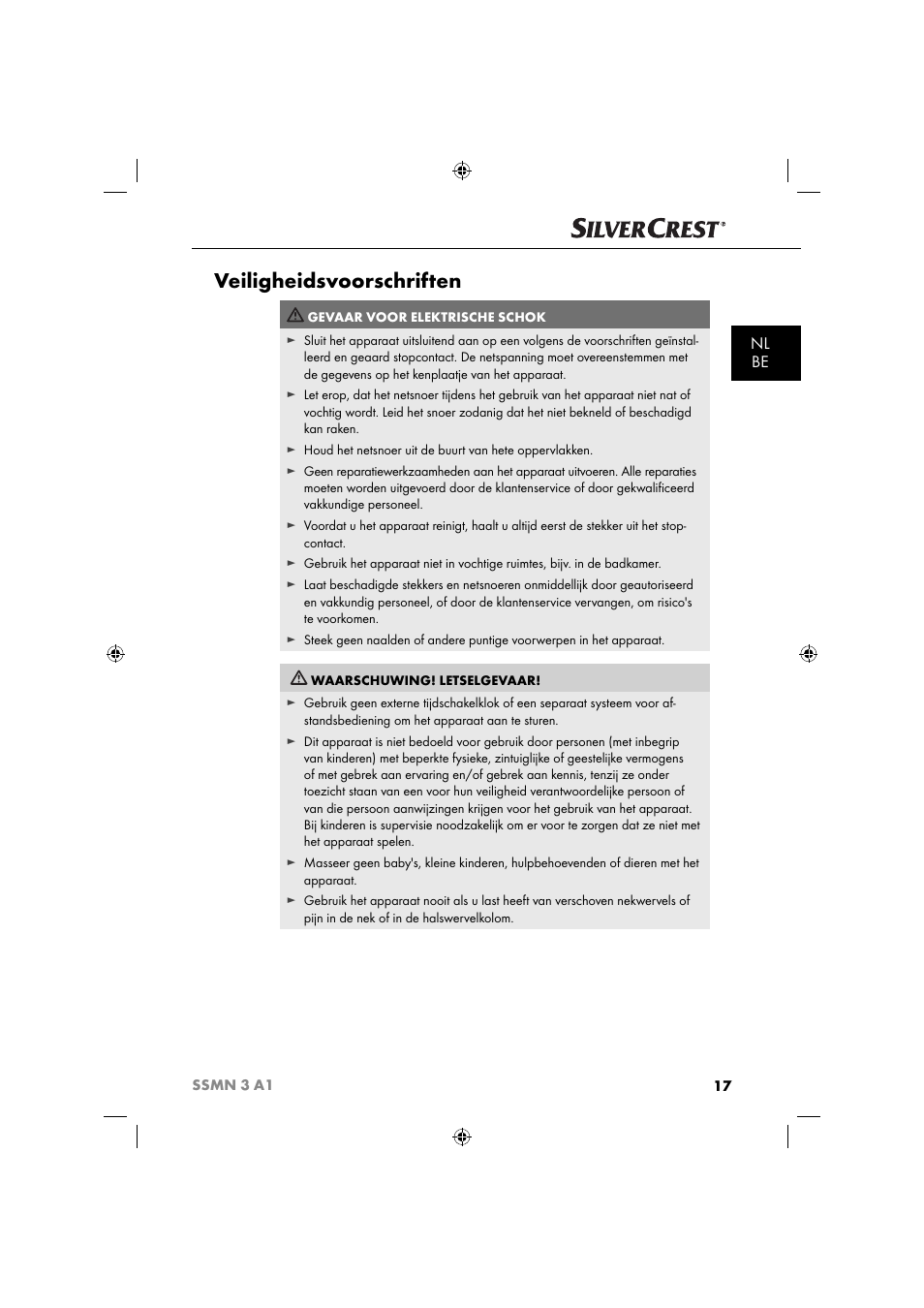 Veiligheidsvoorschriften, Nl be | Silvercrest SSMN 3 A1 User Manual | Page 19 / 48