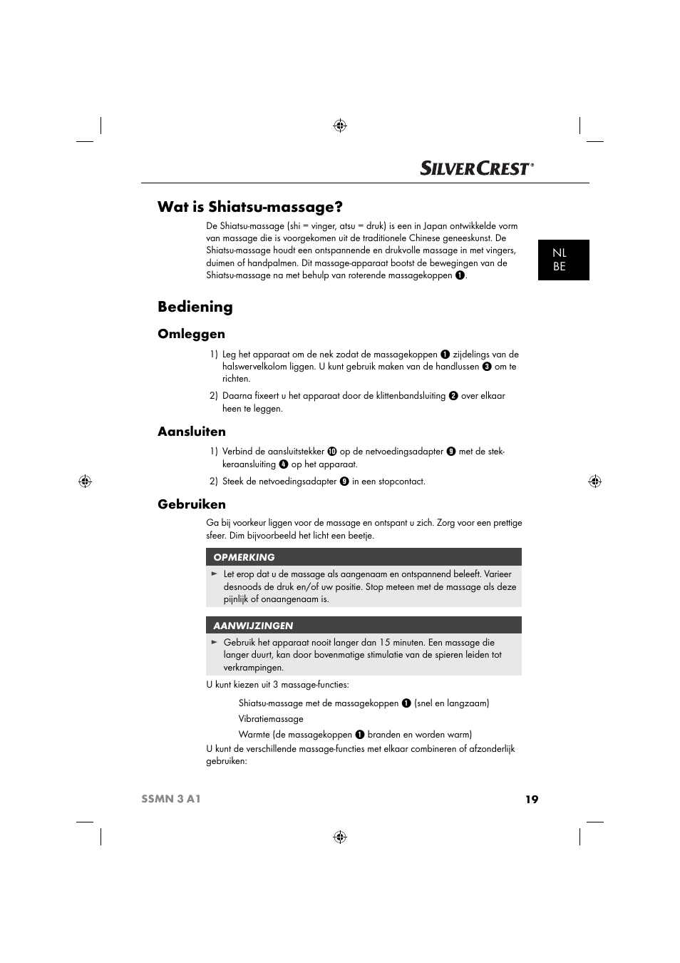 Wat is shiatsu-massage, Bediening, Omleggen | Aansluiten, Gebruiken, Nl be | Silvercrest SSMN 3 A1 User Manual | Page 21 / 48