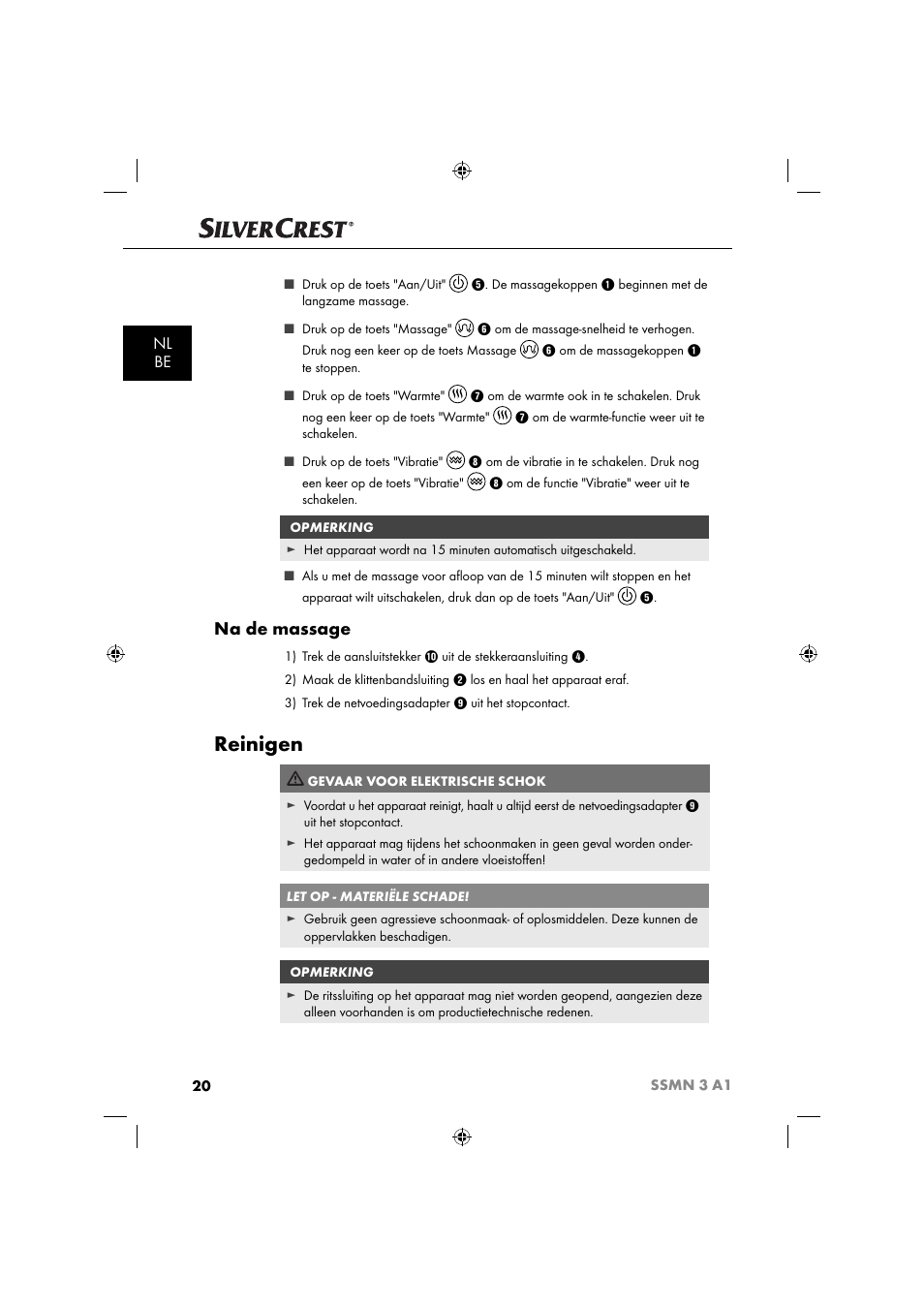 Reinigen, Na de massage, Nl be | Silvercrest SSMN 3 A1 User Manual | Page 22 / 48