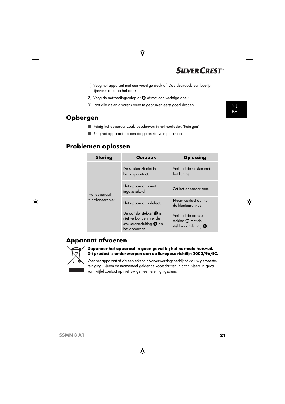 Opbergen, Problemen oplossen, Apparaat afvoeren | Nl be | Silvercrest SSMN 3 A1 User Manual | Page 23 / 48