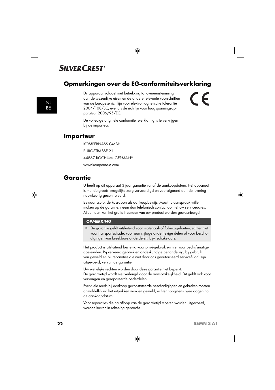 Opmerkingen over de eg-conformiteitsverklaring, Importeur, Garantie | Nl be | Silvercrest SSMN 3 A1 User Manual | Page 24 / 48