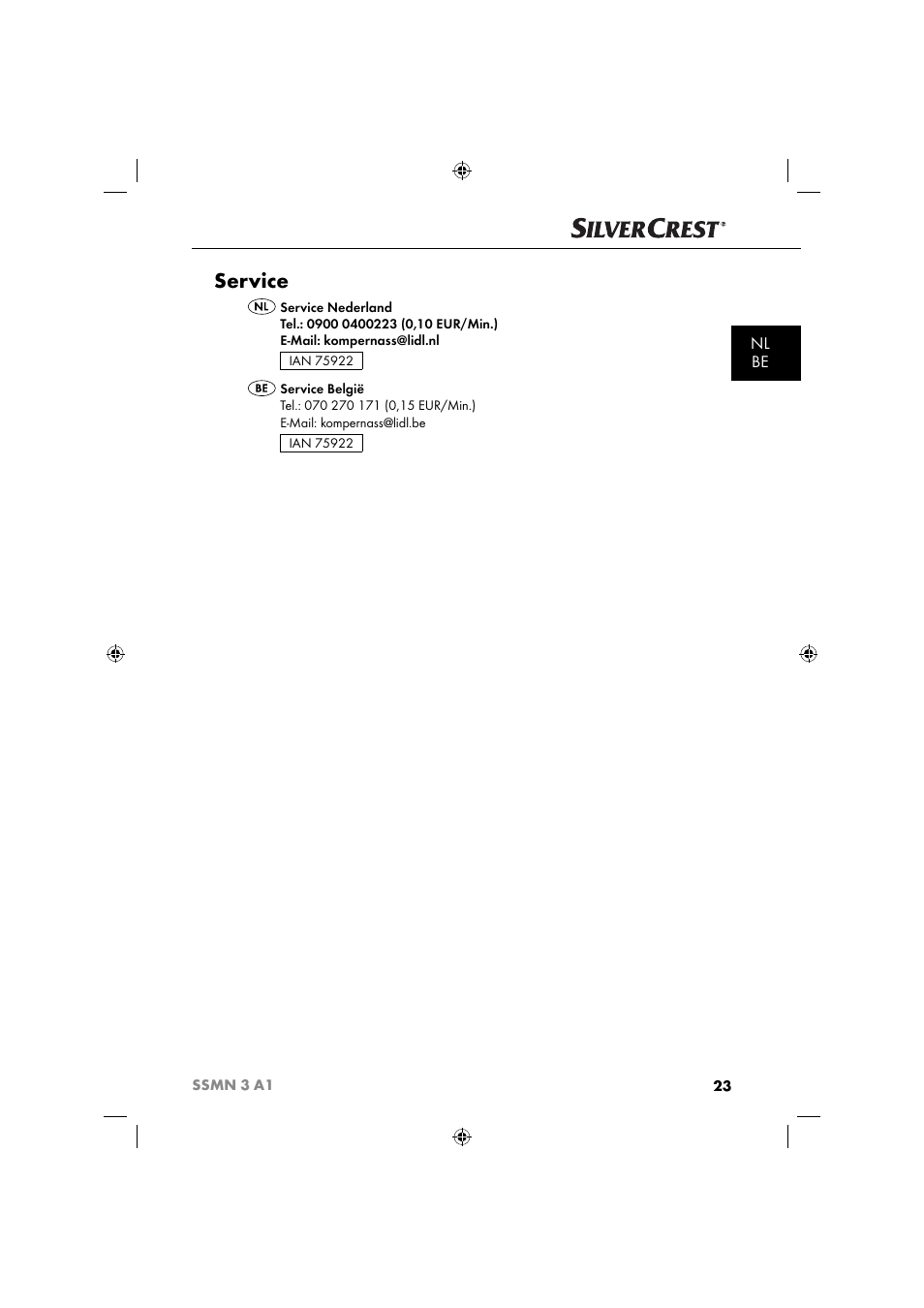 Service, Nl be | Silvercrest SSMN 3 A1 User Manual | Page 25 / 48