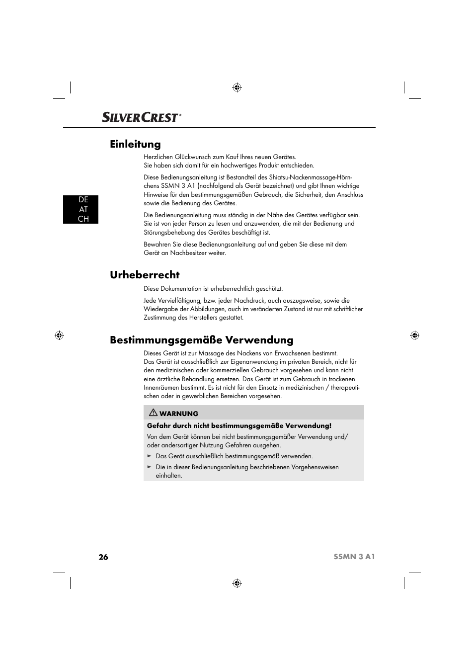 Einleitung, Urheberrecht, Bestimmungsgemäße verwendung | De at ch | Silvercrest SSMN 3 A1 User Manual | Page 28 / 48