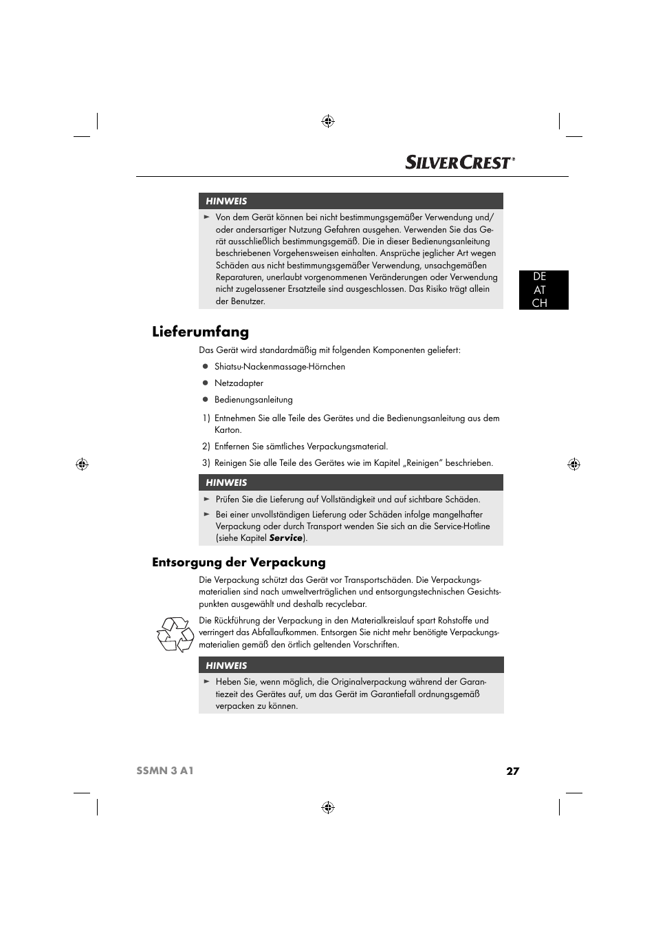 Lieferumfang, Entsorgung der verpackung, De at ch | Silvercrest SSMN 3 A1 User Manual | Page 29 / 48