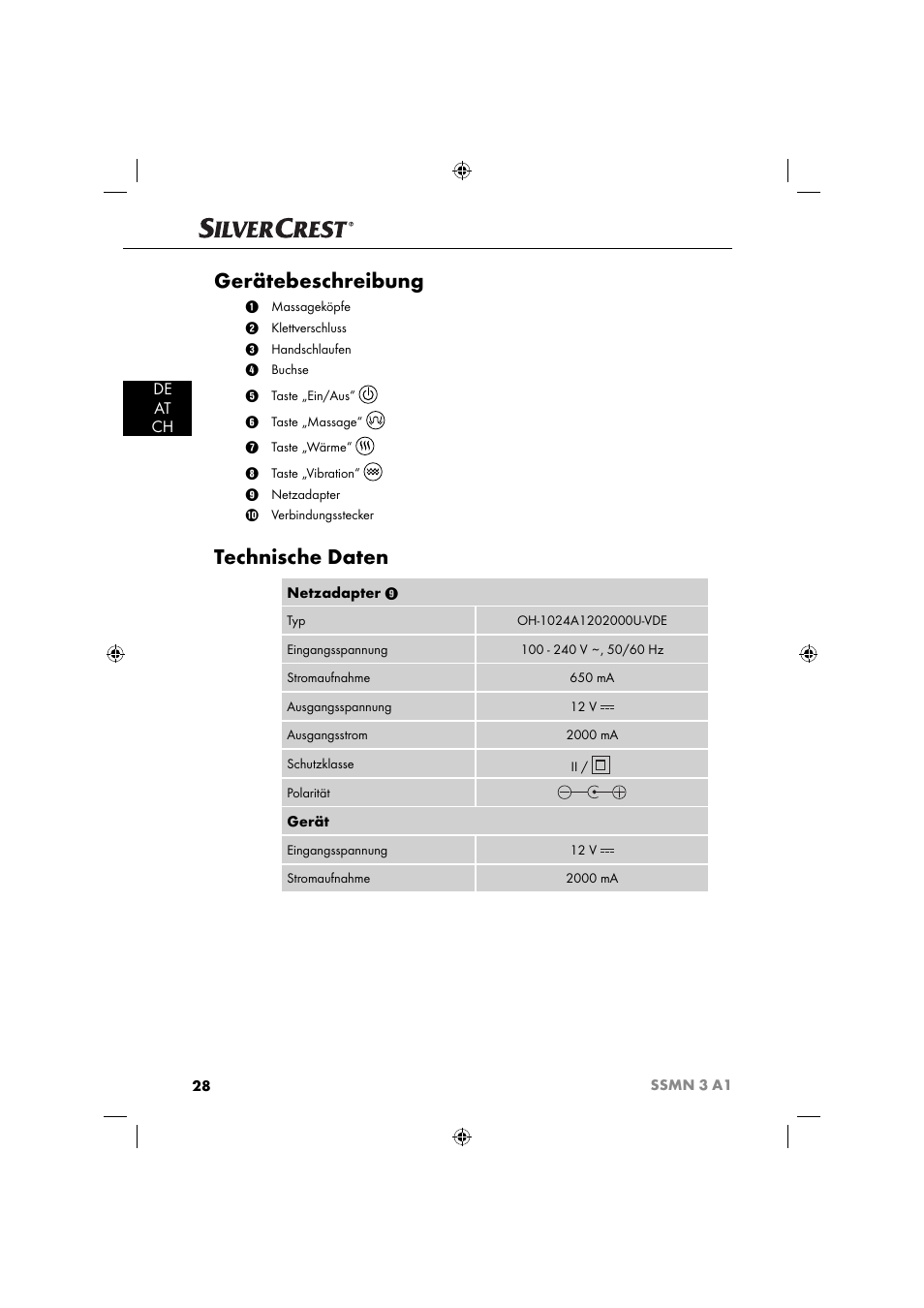 Gerätebeschreibung, Technische daten, De at ch | Silvercrest SSMN 3 A1 User Manual | Page 30 / 48