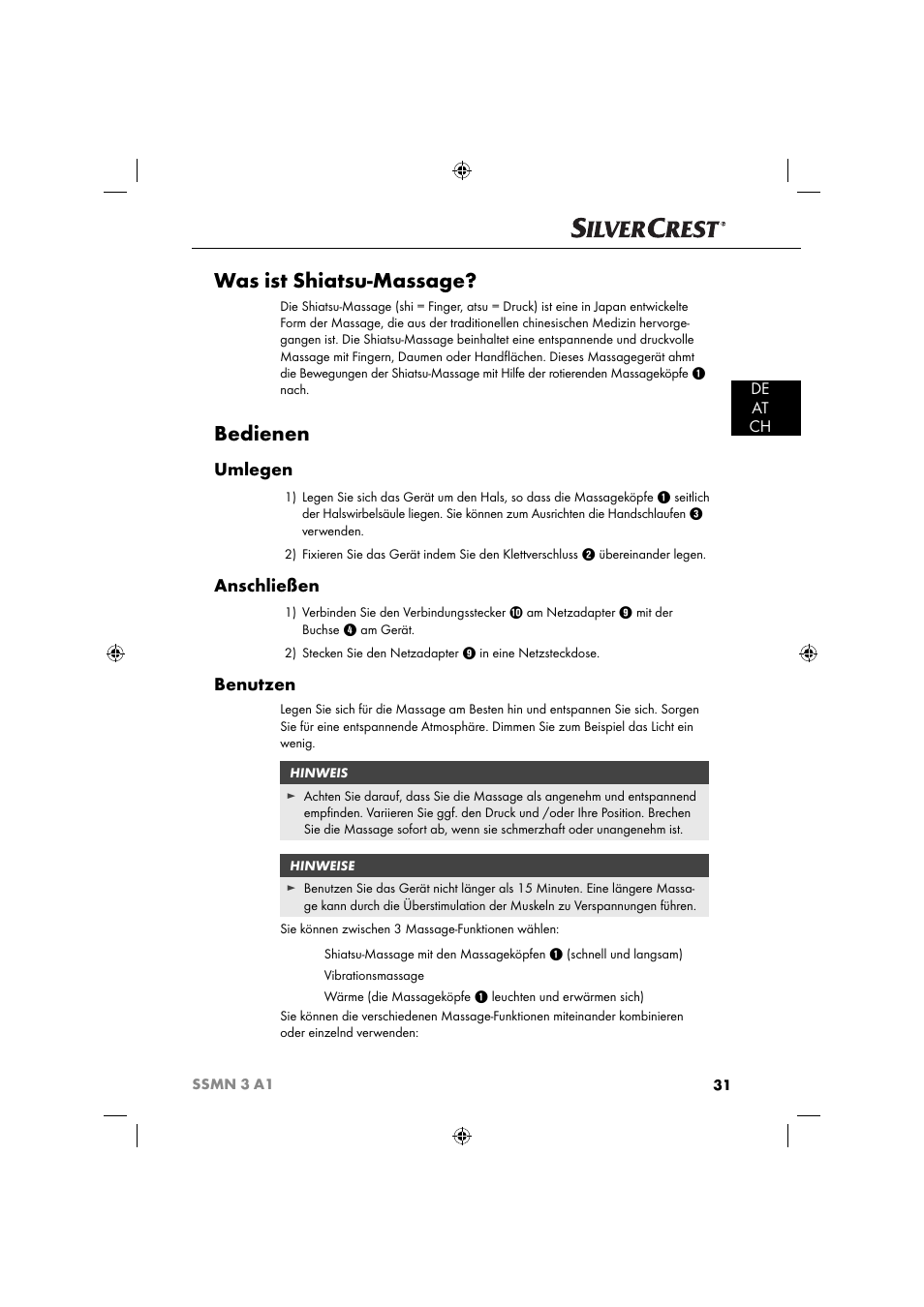 Was ist shiatsu-massage, Bedienen, Umlegen | Anschließen, Benutzen, De at ch | Silvercrest SSMN 3 A1 User Manual | Page 33 / 48