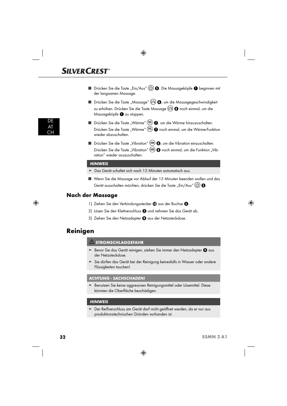 Reinigen, Nach der massage, De at ch | Silvercrest SSMN 3 A1 User Manual | Page 34 / 48