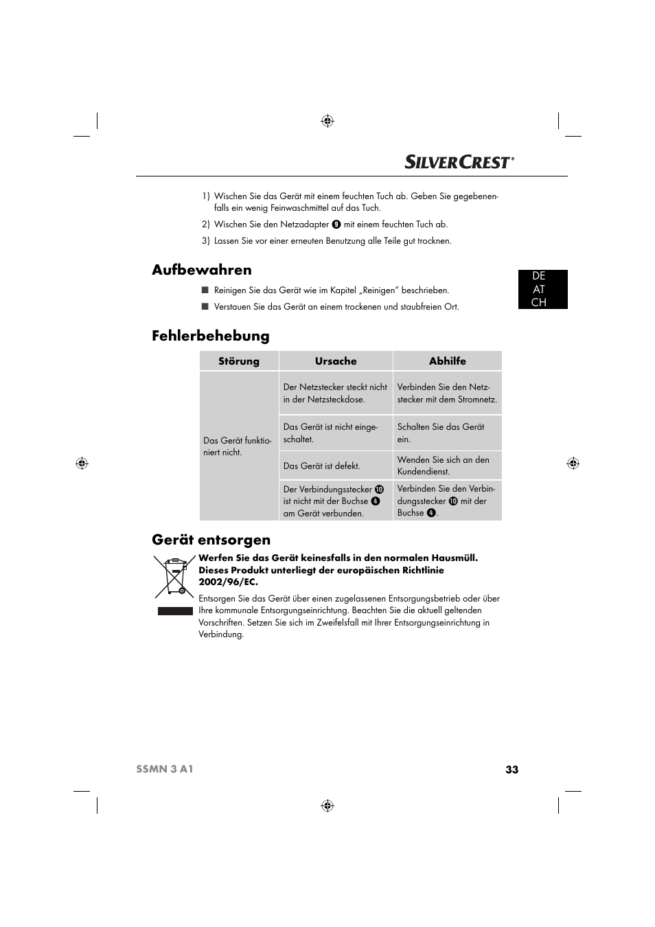 Aufbewahren, Fehlerbehebung, Gerät entsorgen | De at ch | Silvercrest SSMN 3 A1 User Manual | Page 35 / 48