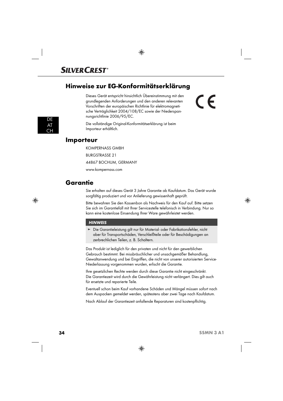 Hinweise zur eg-konformitätserklärung, Importeur, Garantie | De at ch | Silvercrest SSMN 3 A1 User Manual | Page 36 / 48
