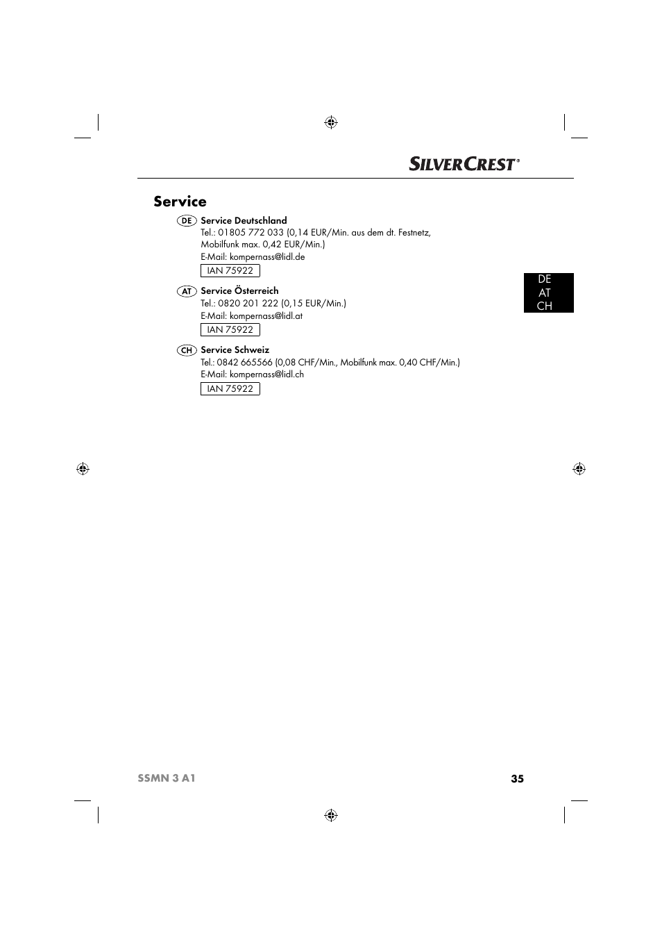 Service, De at ch | Silvercrest SSMN 3 A1 User Manual | Page 37 / 48