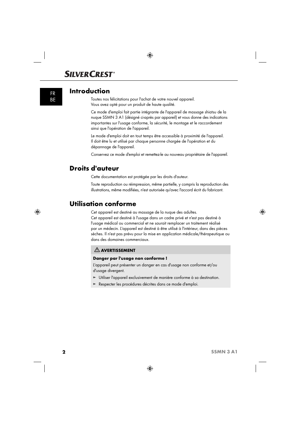 Introduction, Droits d'auteur, Utilisation conforme | Fr be | Silvercrest SSMN 3 A1 User Manual | Page 4 / 48