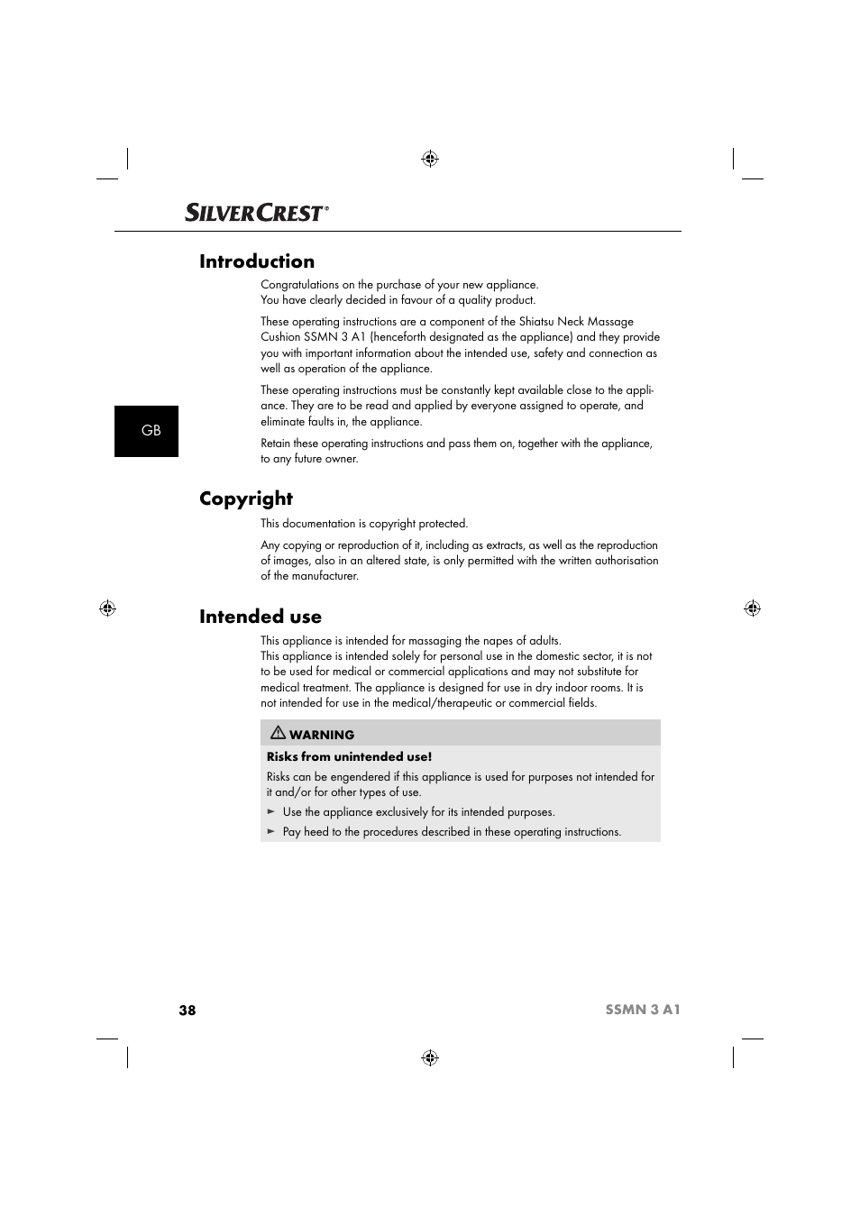Introduction, Copyright, Intended use | Silvercrest SSMN 3 A1 User Manual | Page 40 / 48