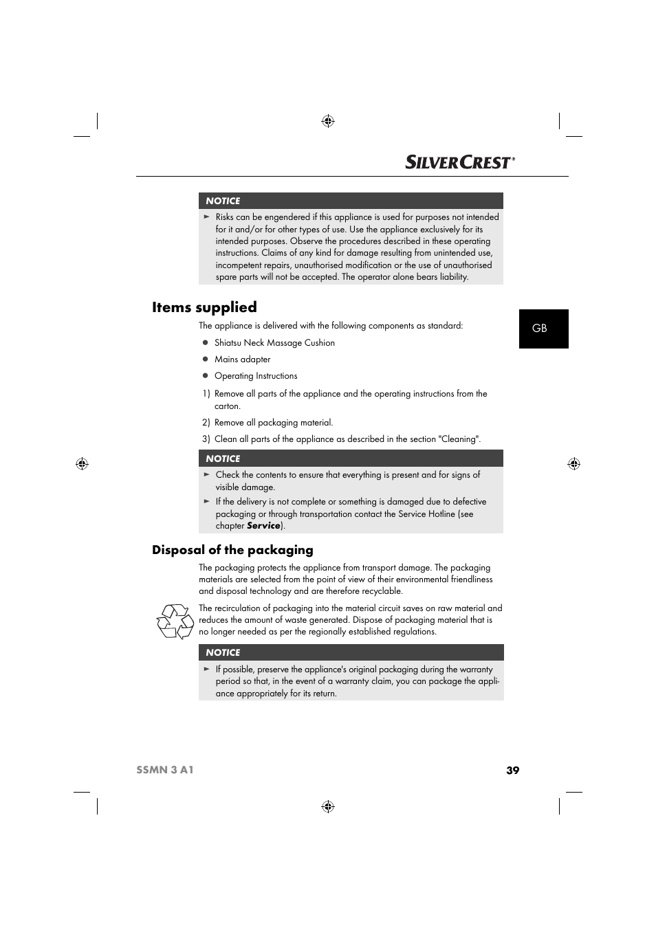 Items supplied, Disposal of the packaging | Silvercrest SSMN 3 A1 User Manual | Page 41 / 48