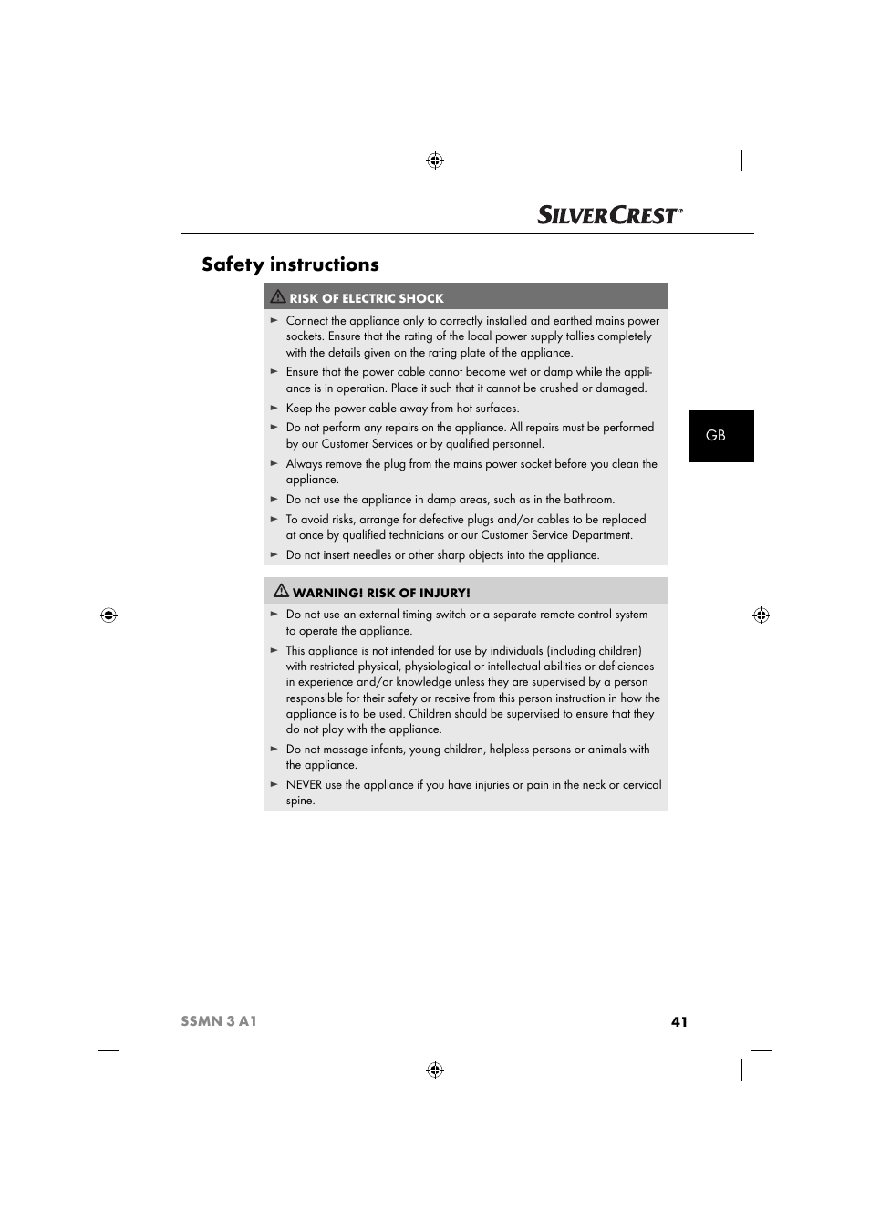Safety instructions | Silvercrest SSMN 3 A1 User Manual | Page 43 / 48