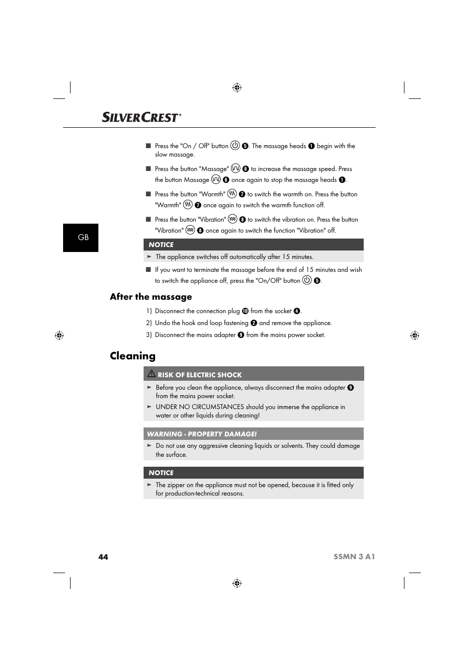 Cleaning, After the massage | Silvercrest SSMN 3 A1 User Manual | Page 46 / 48