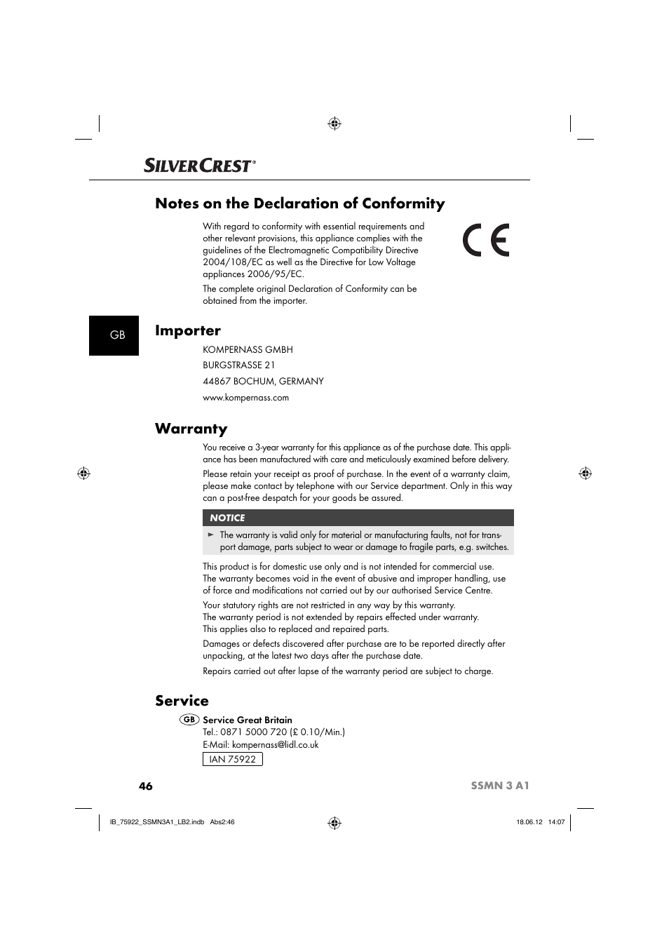Importer, Warranty, Service | Silvercrest SSMN 3 A1 User Manual | Page 48 / 48