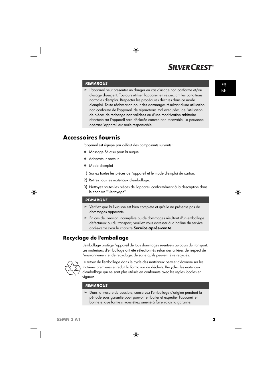 Accessoires fournis, Recyclage de l'emballage, Fr be | Silvercrest SSMN 3 A1 User Manual | Page 5 / 48