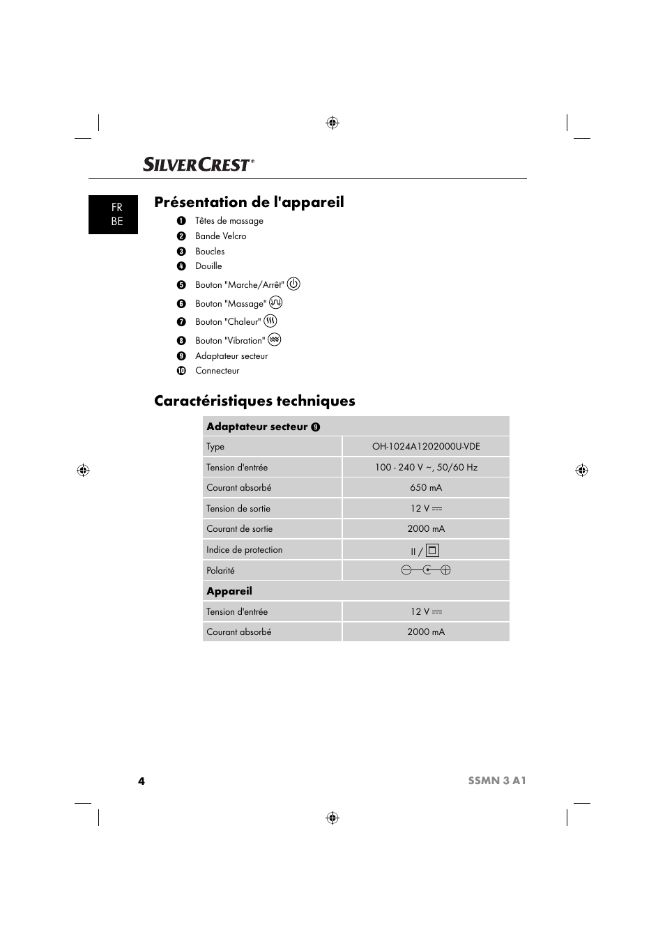 Présentation de l'appareil, Caractéristiques techniques, Fr be | Silvercrest SSMN 3 A1 User Manual | Page 6 / 48
