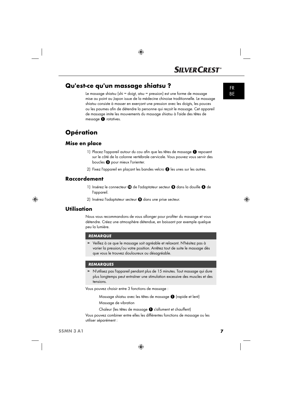 Qu'est-ce qu'un massage shiatsu, Opération, Mise en place | Raccordement, Utilisation, Fr be | Silvercrest SSMN 3 A1 User Manual | Page 9 / 48