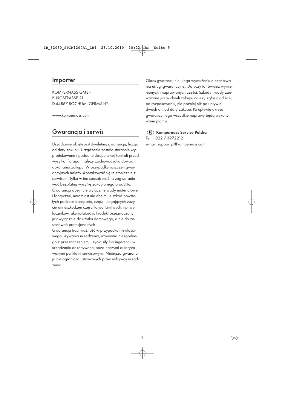 Importer, Gwarancja i serwis | Silvercrest SPCM 1200 A1 User Manual | Page 11 / 31