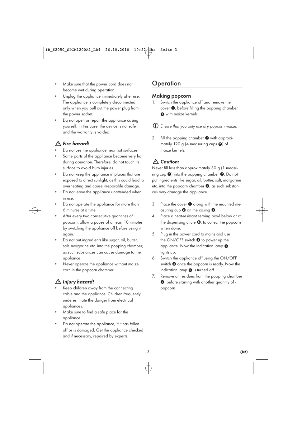 Operation, Fire hazard, Injury hazard | Making popcorn, Caution | Silvercrest SPCM 1200 A1 User Manual | Page 5 / 31