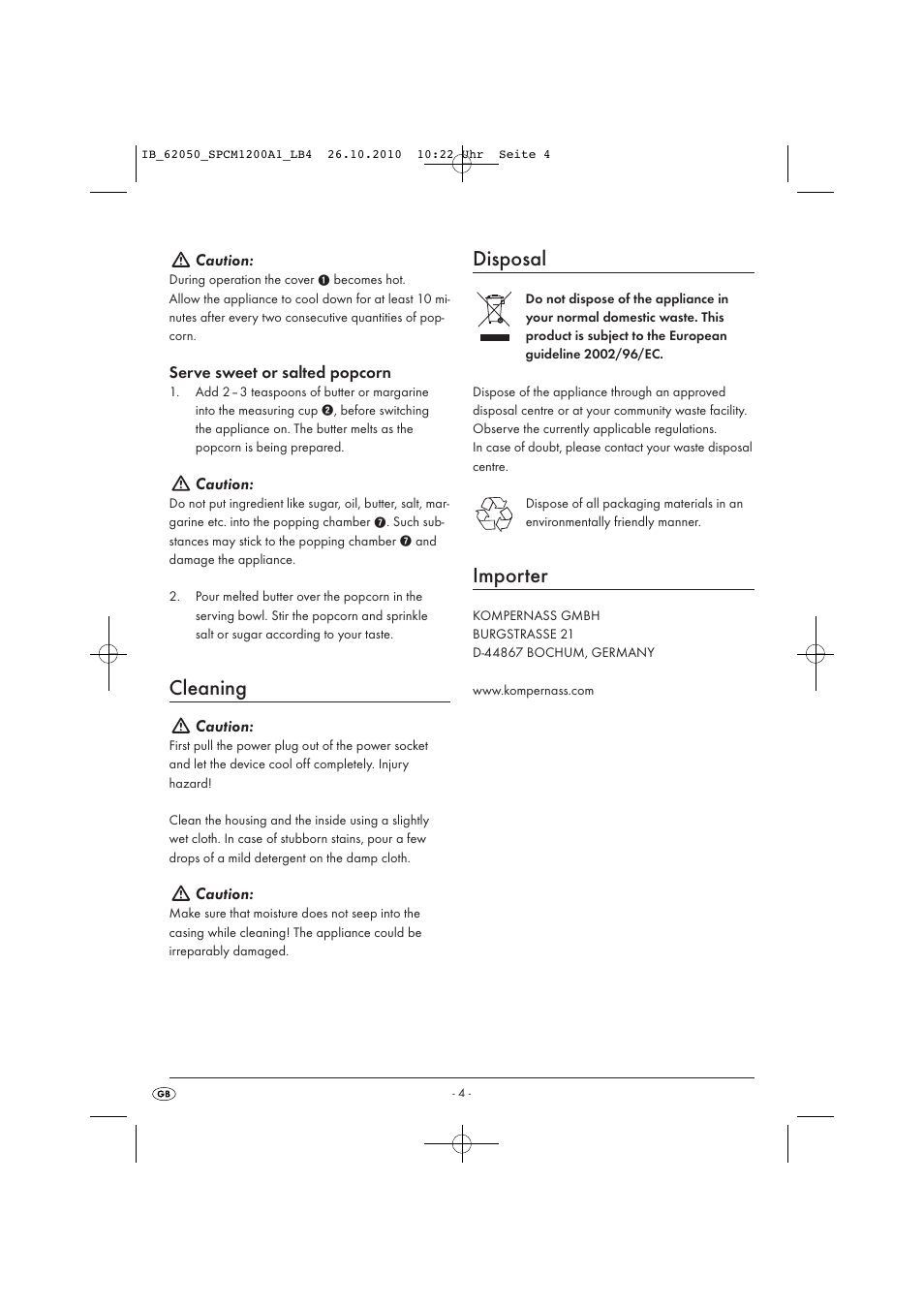Cleaning, Disposal, Importer | Caution, Serve sweet or salted popcorn | Silvercrest SPCM 1200 A1 User Manual | Page 6 / 31