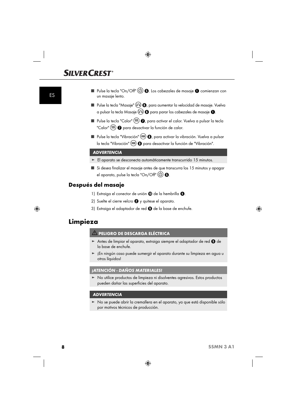 Limpieza, Después del masaje | Silvercrest SSMN 3 A1 User Manual | Page 10 / 57