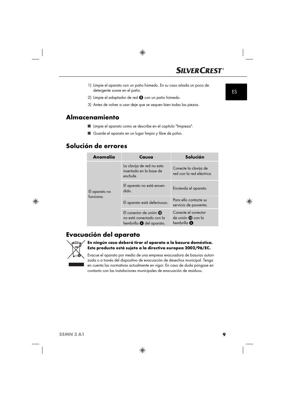 Almacenamiento, Solución de errores, Evacuación del aparato | Silvercrest SSMN 3 A1 User Manual | Page 11 / 57