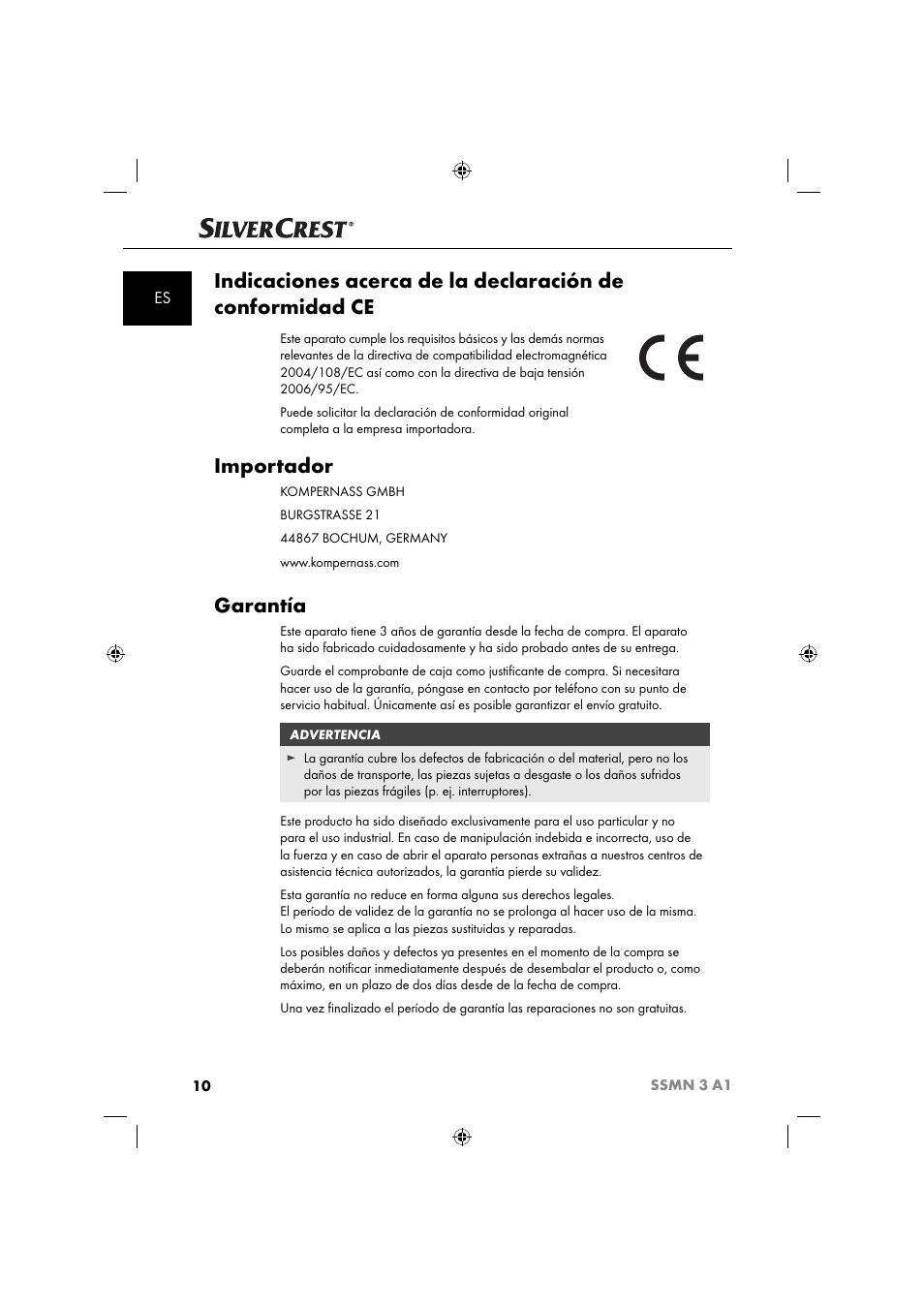 Importador, Garantía | Silvercrest SSMN 3 A1 User Manual | Page 12 / 57