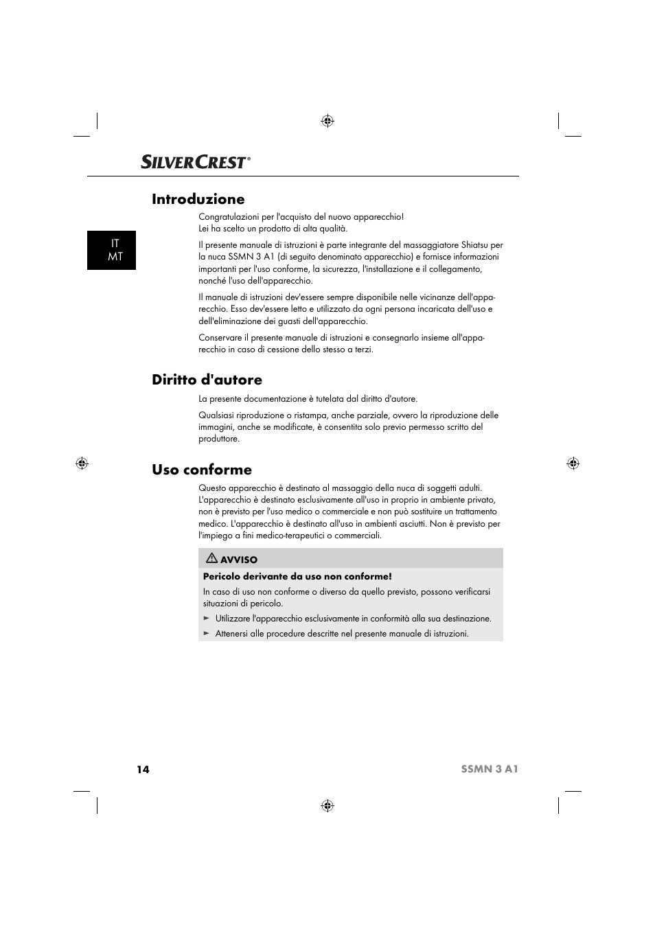 Introduzione, Diritto d'autore, Uso conforme | It mt | Silvercrest SSMN 3 A1 User Manual | Page 16 / 57