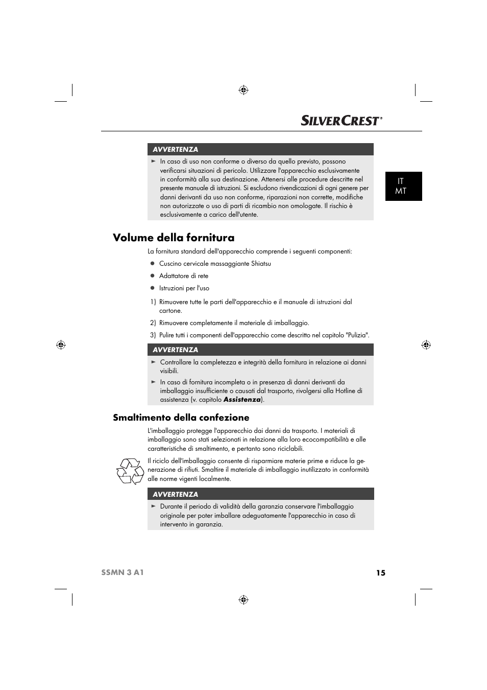 Volume della fornitura, Smaltimento della confezione, It mt | Silvercrest SSMN 3 A1 User Manual | Page 17 / 57