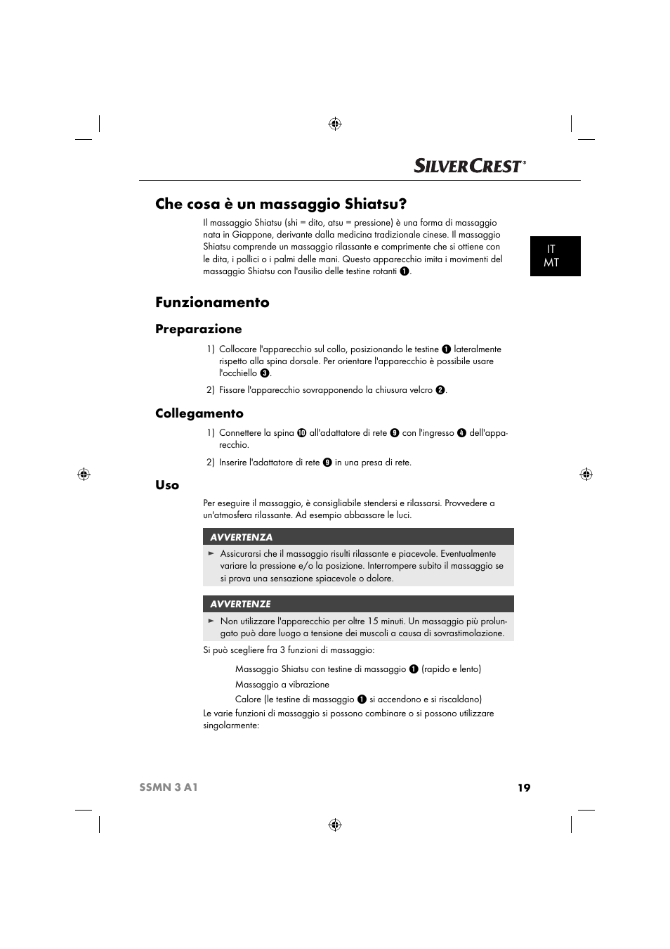 Che cosa è un massaggio shiatsu, Funzionamento, Preparazione | Collegamento, It mt | Silvercrest SSMN 3 A1 User Manual | Page 21 / 57