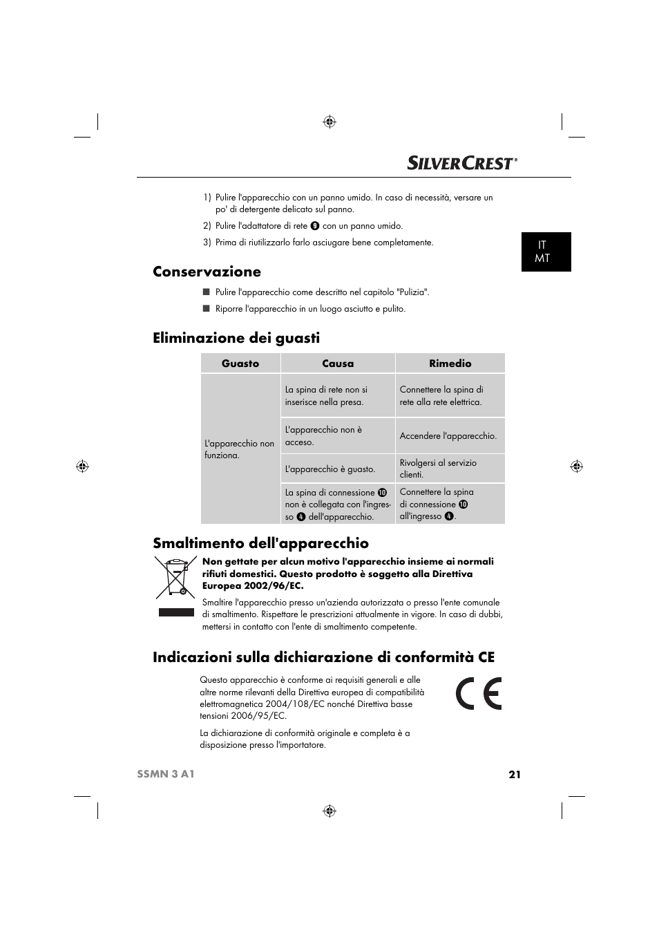 Conservazione, Eliminazione dei guasti, Smaltimento dell'apparecchio | Indicazioni sulla dichiarazione di conformità ce, It mt | Silvercrest SSMN 3 A1 User Manual | Page 23 / 57
