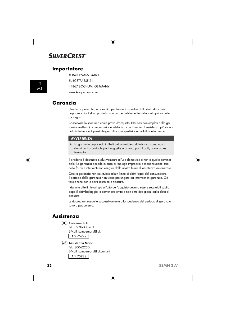 Importatore, Garanzia, Assistenza | It mt | Silvercrest SSMN 3 A1 User Manual | Page 24 / 57