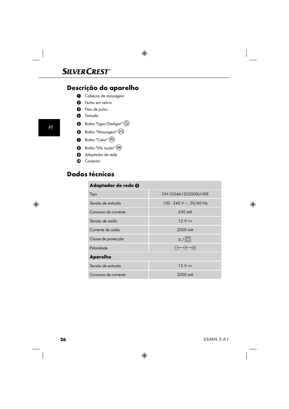 Descrição do aparelho, Dados técnicos | Silvercrest SSMN 3 A1 User Manual | Page 28 / 57