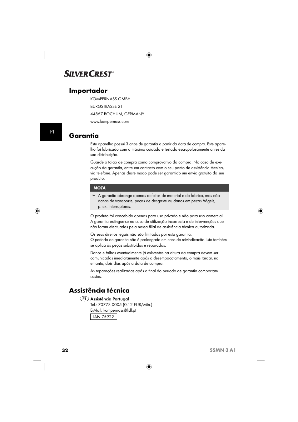 Importador, Garantia, Assistência técnica | Silvercrest SSMN 3 A1 User Manual | Page 34 / 57